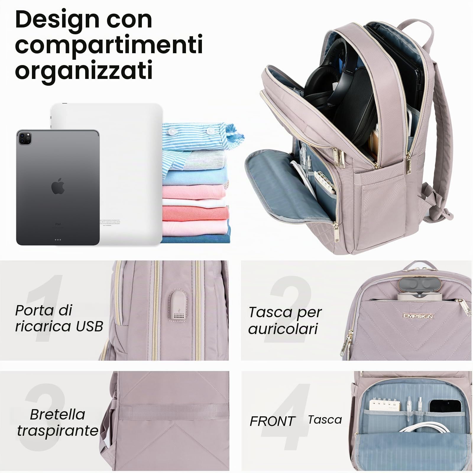 EMPSIGN Zaino Donna 15,6 Pollici con Porta USB, Impermeabile per Scuola, Università, Lavoro, Viaggio e Tempo Libero, Rosa