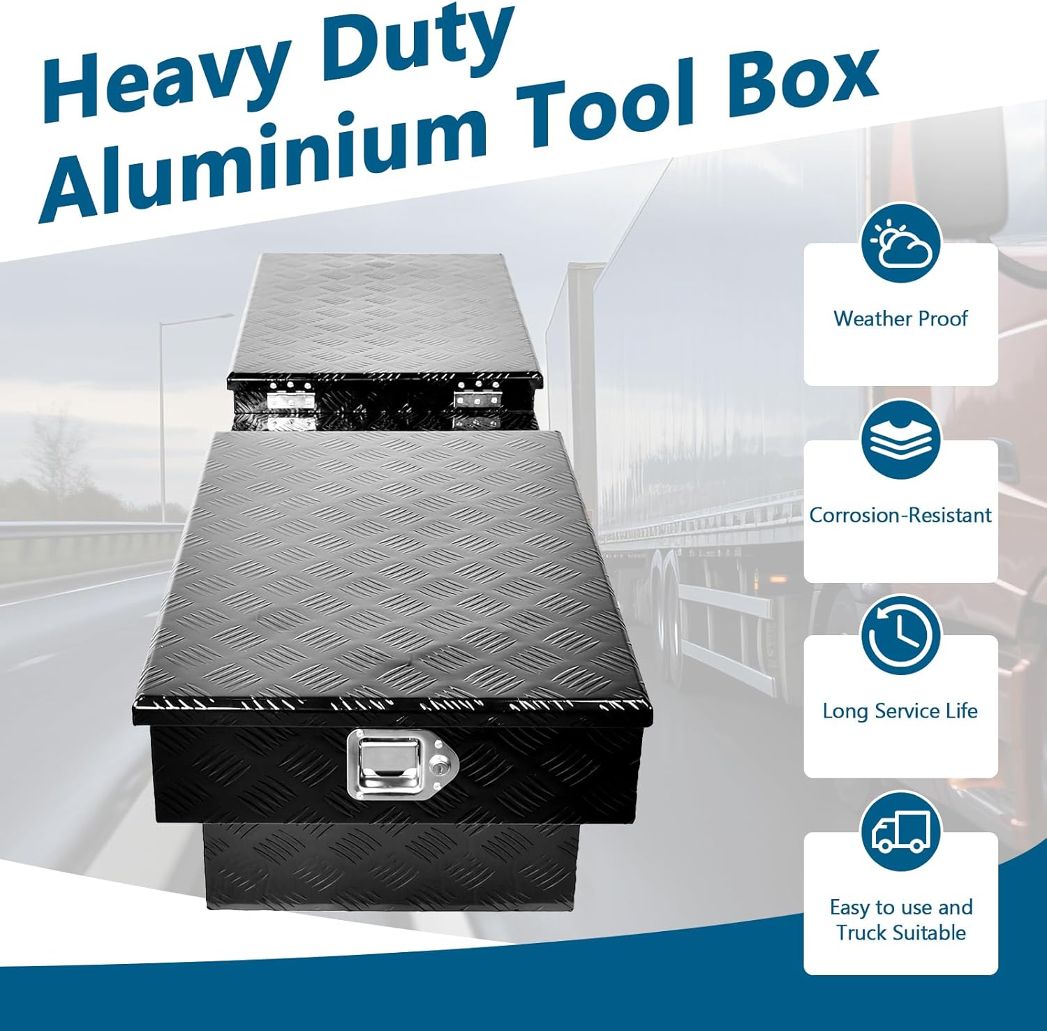63'' Inch Heavy-Wall Aluminum Gull Wing Truck Tool Box For Outdoor Trailer Pickup RV Storage,63"X20"X14.75" Truck Storage Box RigidCore Lids Black