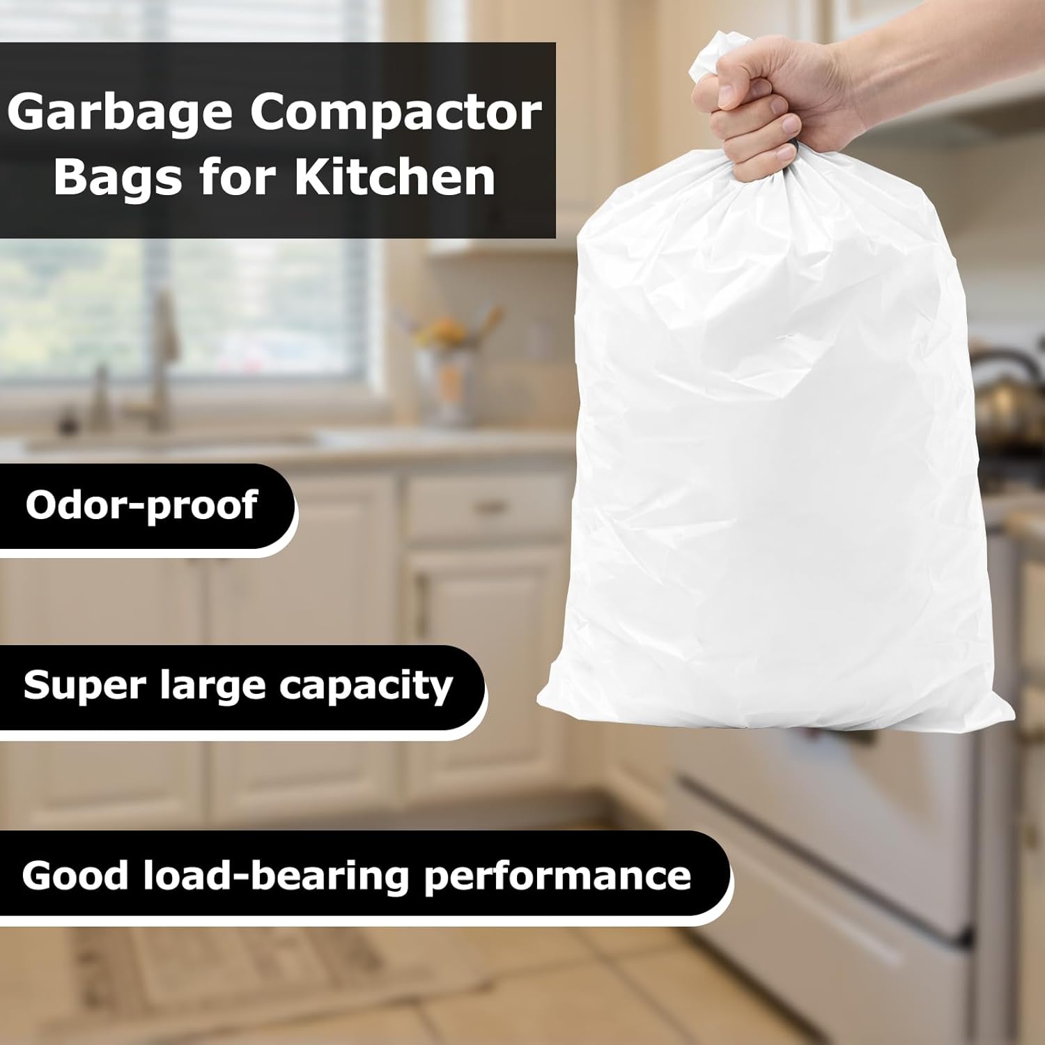 60 Pack Trash Compactor Bags Heavy Duty Compactor Bag for Kitchen Leak Proof 2.6 MIL Thickened Garbage Compactor Bags Fit for 15 inch Drawer Compactors(with Reserved Holes&Ties)
