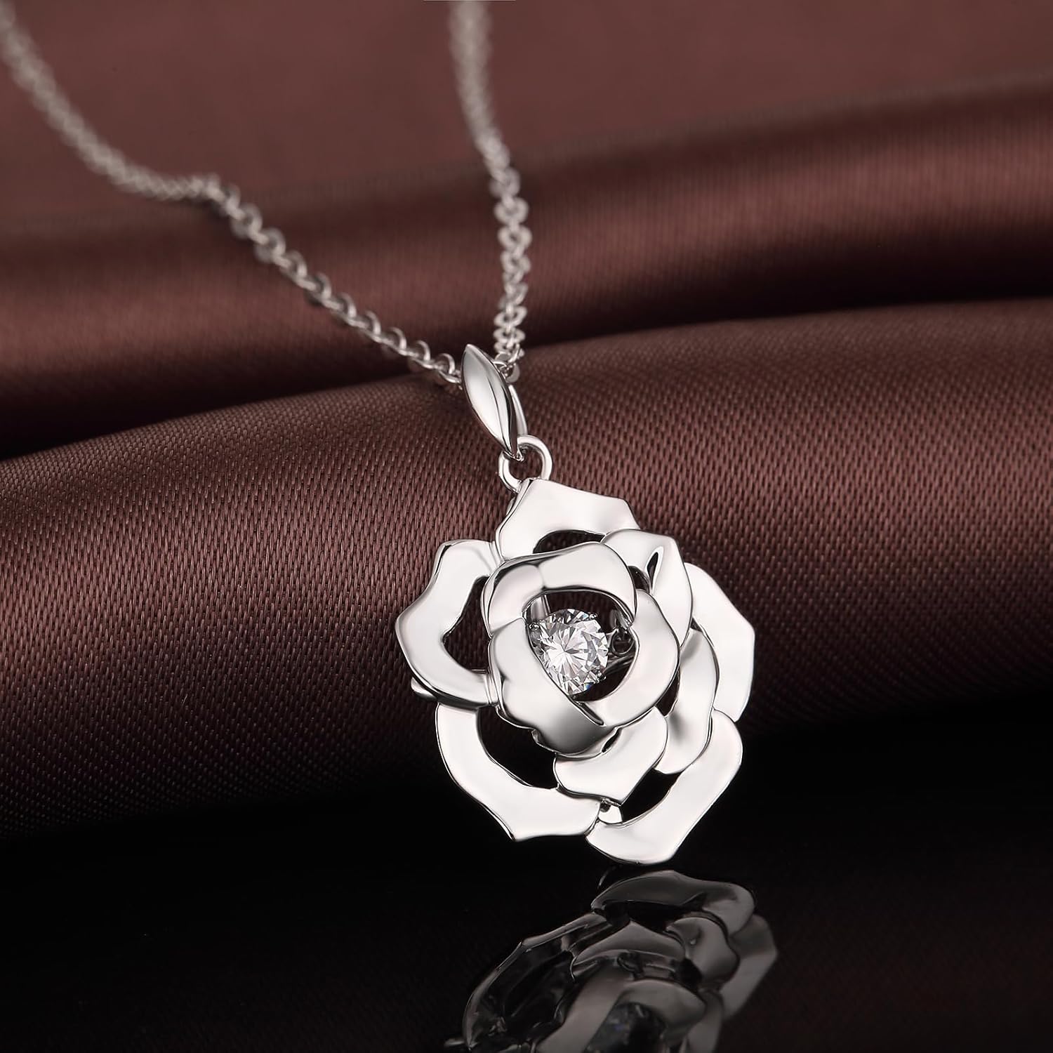 Han han 925 Sterling Silver Rose Pendant Necklace for Women with 5A+ Cubic Zirconia - Image 5