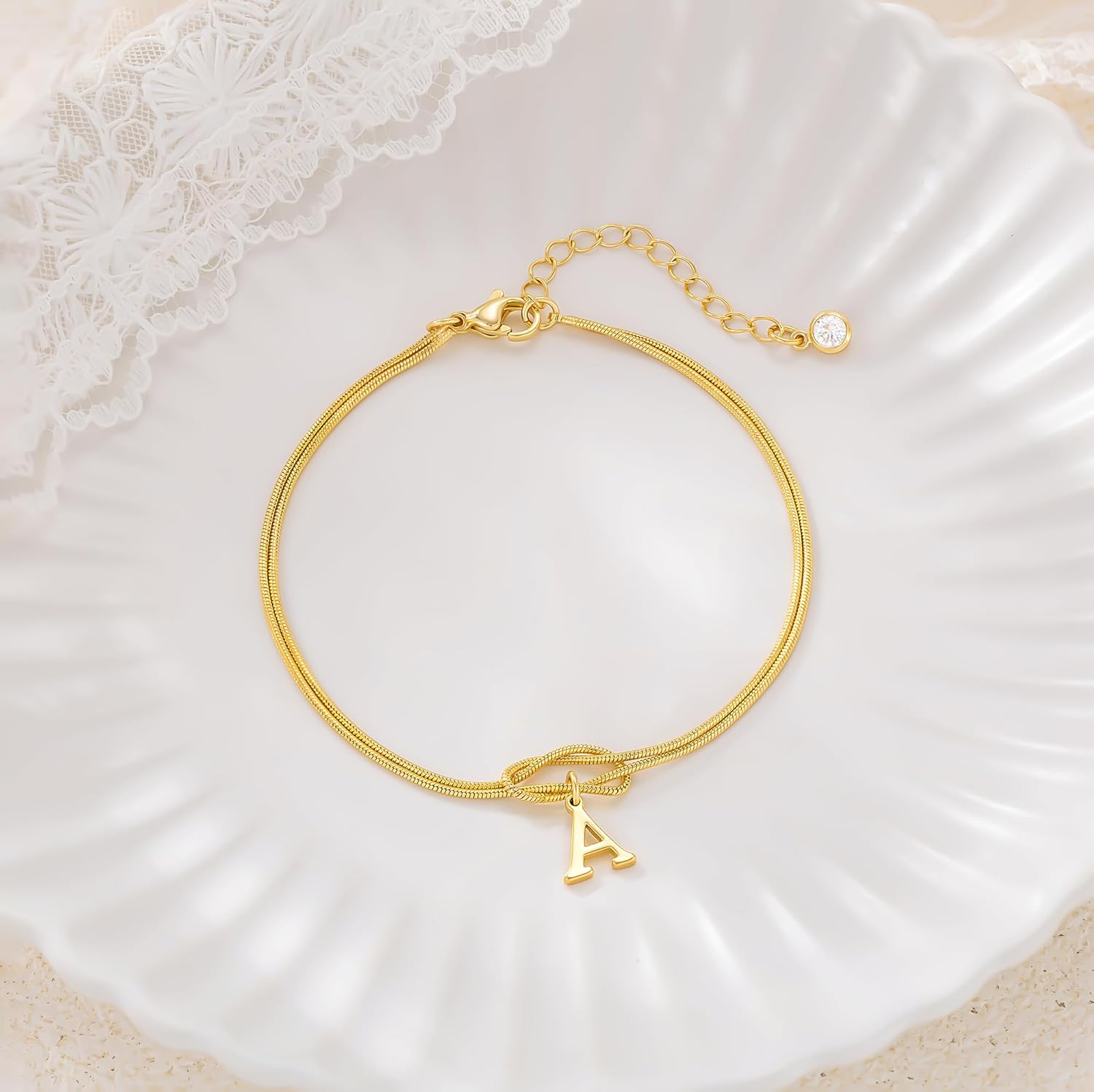 NECOCY 14K Gold Plated Couple Love Knot Initial Bracelets for Women Dainty Statement Letter Charm Bracelet Trendy Jewelry Cute Simple Fashion Chain Bracelets for Friends Gift - Image 6