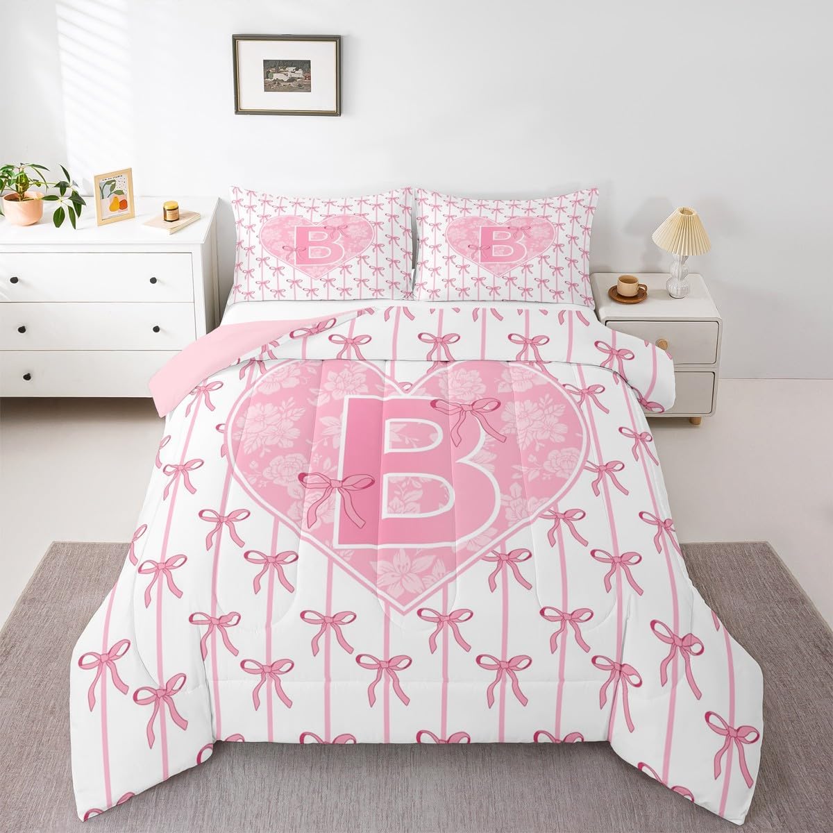 jejeloiu Girls Kawaii Bow Comforter Set Twin Size Letter B Bedding Set for Kids Boys Cute Bowknot Duvet Quilt Coquette Bows Bedroom Decor Monogrammed Microfiber 2 Pcs with 1 Pillow Cases