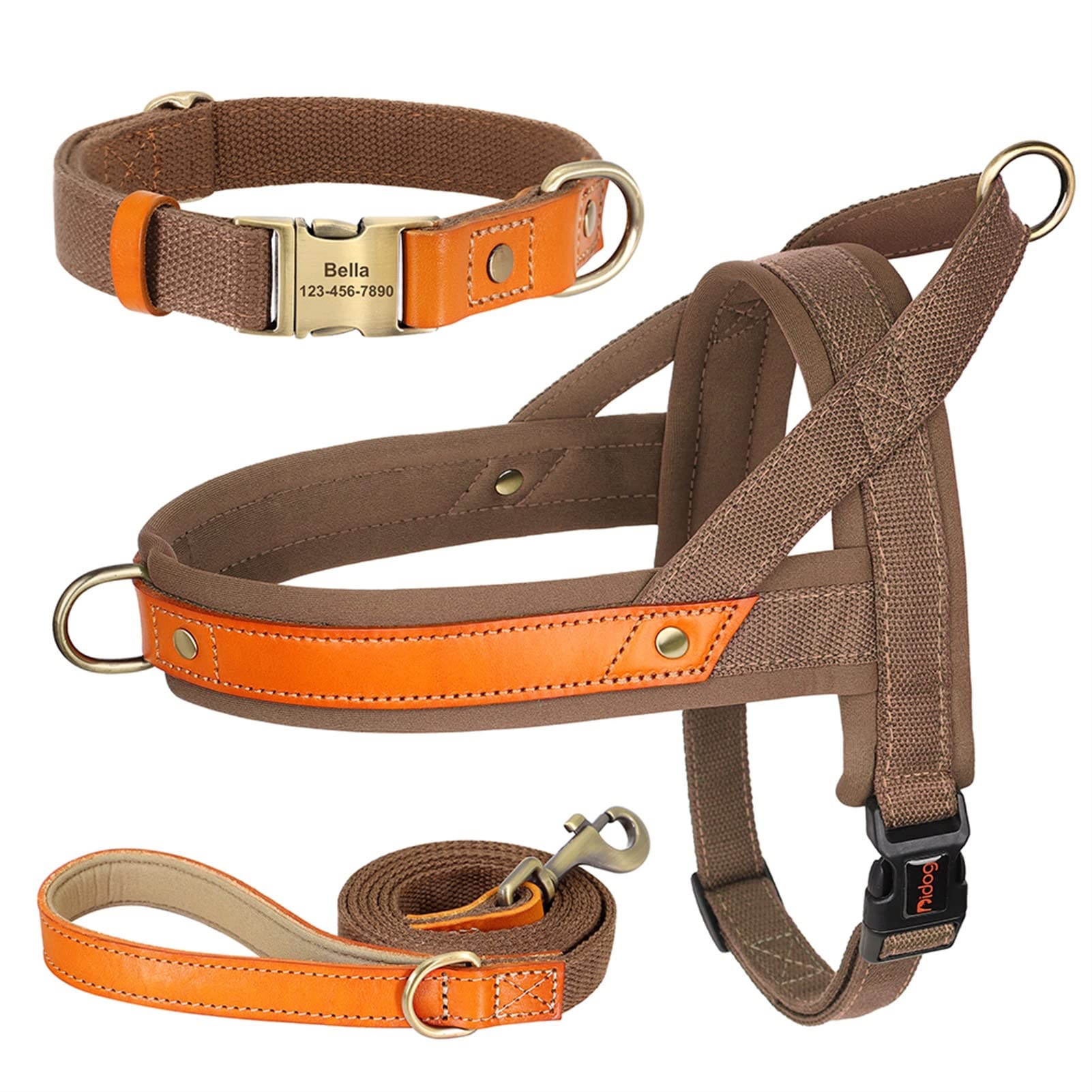 REYNEM Nylon Dog Collar Harness Leash Set No Pull Leather Puppy Dog Harness Pet Vest Strap For Small Medium Large Dogs French Bulldog (Color : Brown 3 Set, Size : L)