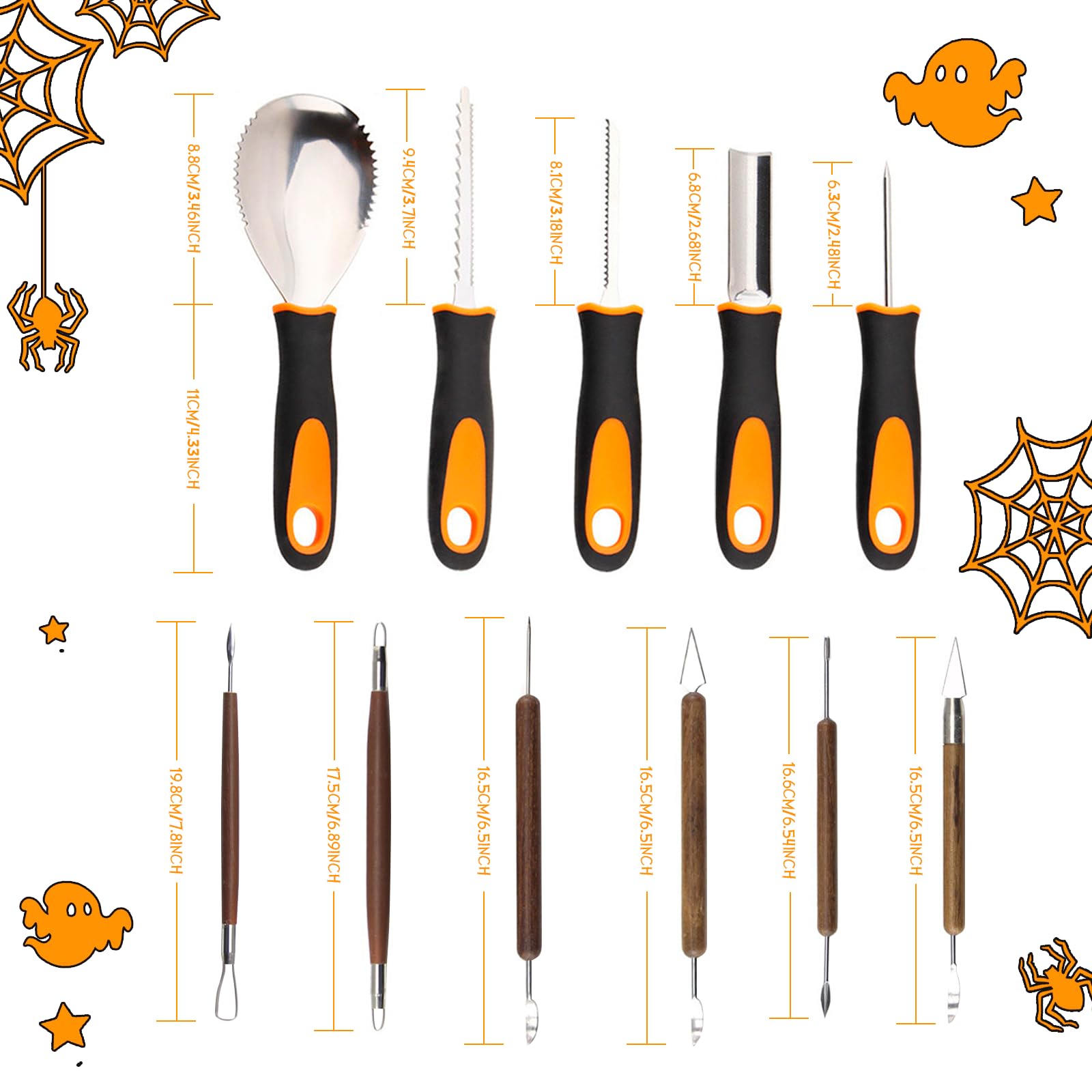 MALLY kit intaglio zucca Halloween 11 pezzi, strumento intaglio acciaio inossidabile, coltello e cucchiaio