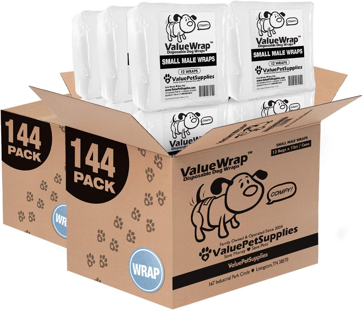 ValueWrap Male Wraps Disposable Dog Diapers, 2-Tabs Small, 288 Count - Male Wraps, Incontinence, Snag-Free Fastener, Leak Protection,…