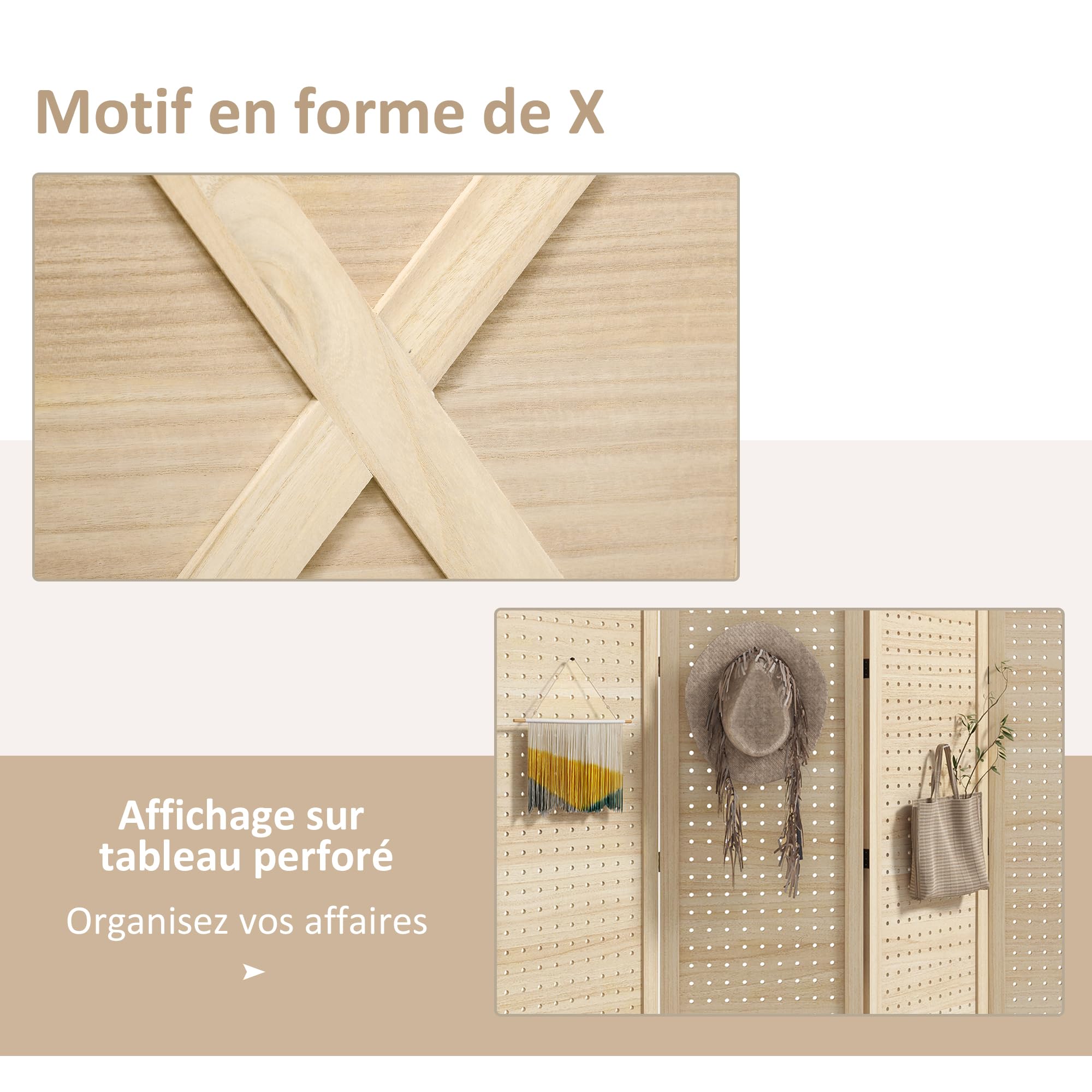 HOMCOM Paravent Intérieur en Bois 4 Panneaux 152 x 144,5 cm Bois Naturel | Panneau Perforé, Séparateur de Pièce Pliable, pour Salon, Chambre à Coucher, Maison