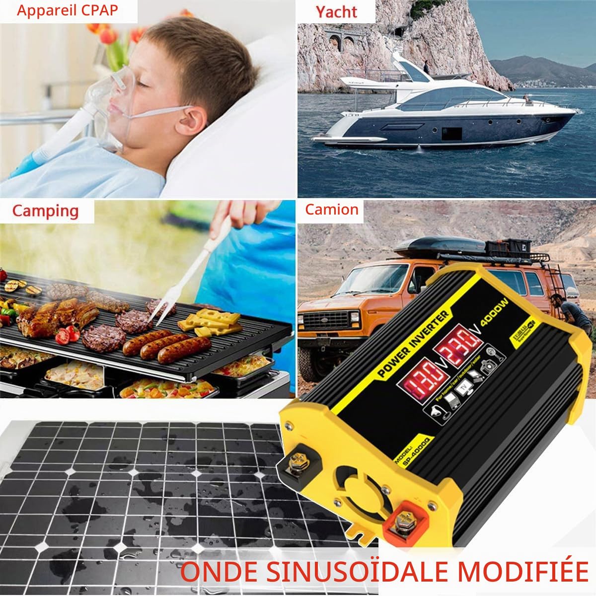 Kit Complet D'énergie Solaire, Panneau Solaire 400W Et Kit Inverseur, Convertisseur D'énergie Solaire 12V à 110/220V, Contrôleur 30A avec 2 Ports USB,Yellow