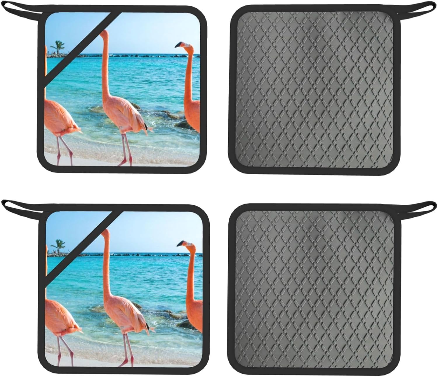 Flamingo on Beach Oven Mitts and Pot Holders Set of 4 Heat Resistant Kitchen Gloves with Silicone Palm Hot Pads for Baking Cooking Grilling BBQ