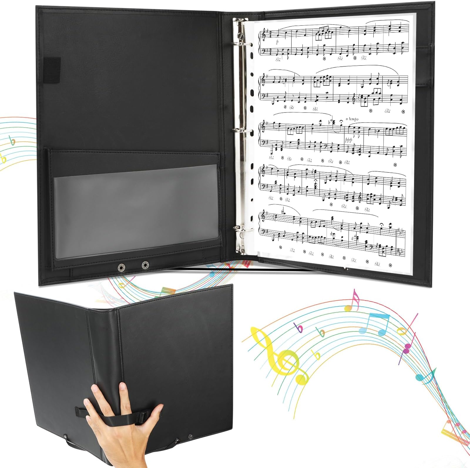 Eastar Leather Sheet Music Folder Black, 3 Rings Binder 13.