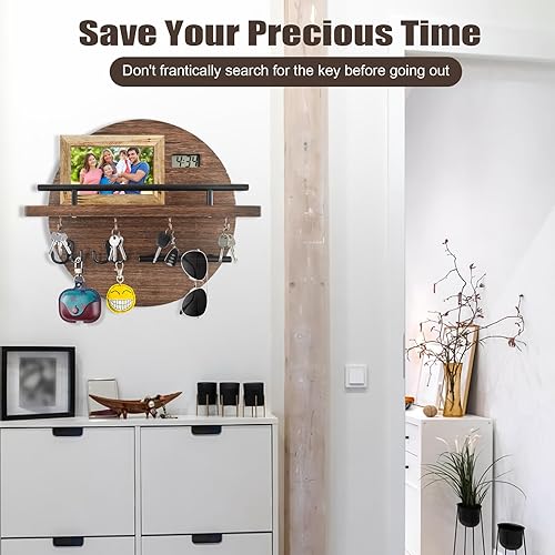 Miniatura 6 de Llavero decorativo para pared, soporte redondo de madera para llaves con estante y ganchos, organizador de llaves para entrada, vestíbulo, pasillo,