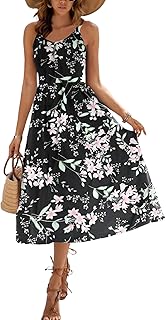 Womens Summer Dress Casual Flutter Boho Floral V Neck Flowy Midi A-Line Beach Vacation Sundresses with Pockets