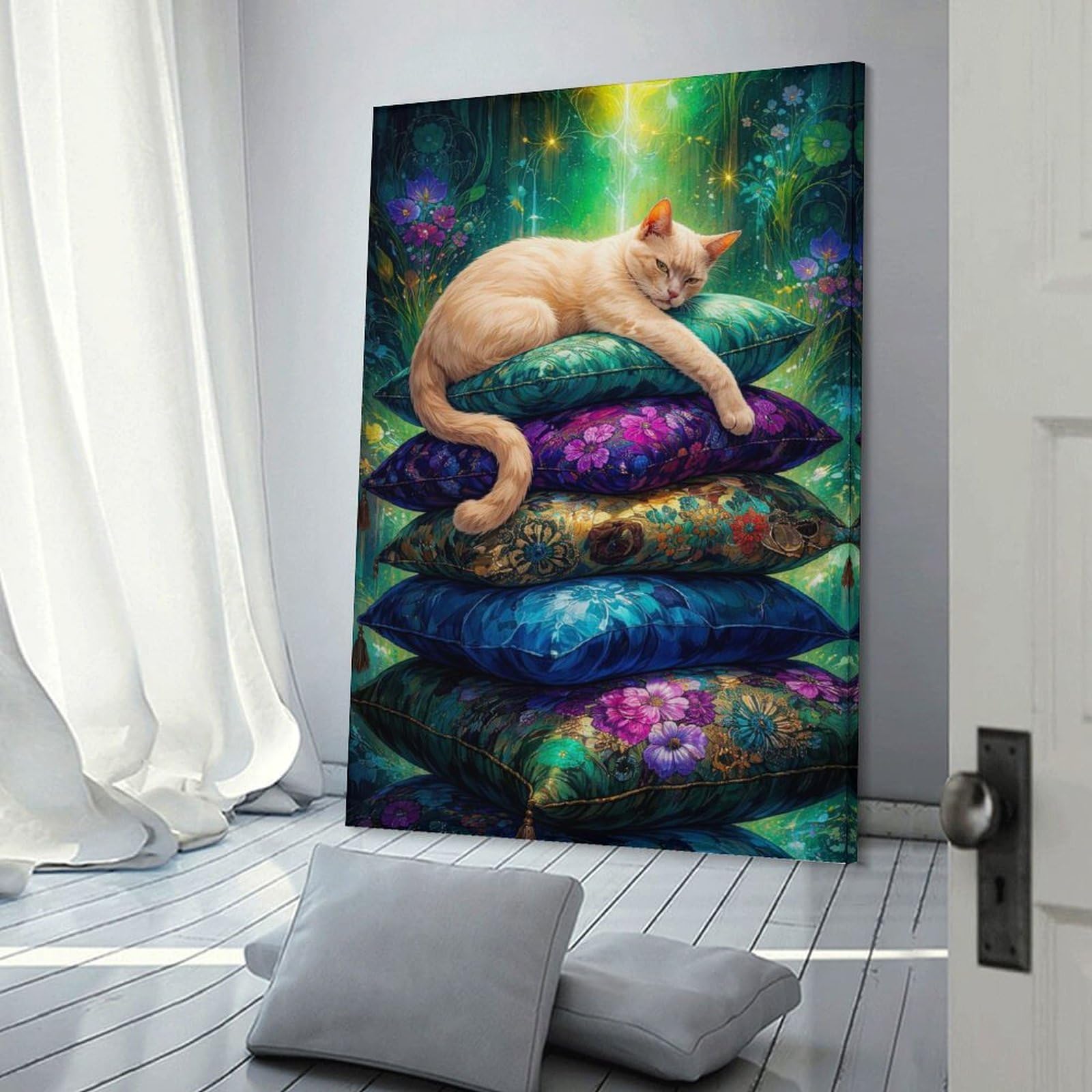 Junmoney Frame-Style-16 Cat Resting On Stack Of Pillows Canvas Wall Picture, 12X18inch(30X45cm), For Wall Displays, Bedrooms Or Room Updates, Wall Decor Suited To Curated Displays