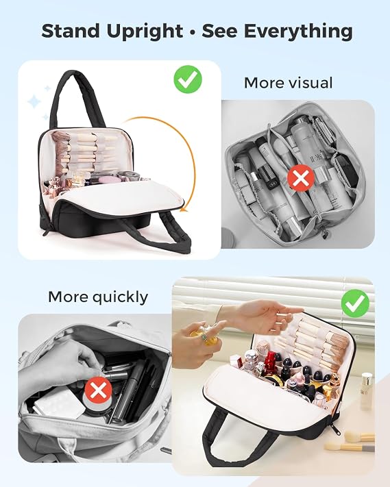 Wandering Nature Standing Makeup Bag for Travel, Portable Fold-down Cosmetic Organizer, Puffer Open Make Up Pouch with Handle & Divider & Brush Holder, Easy Clean Toiletry Bag with EVA Lining