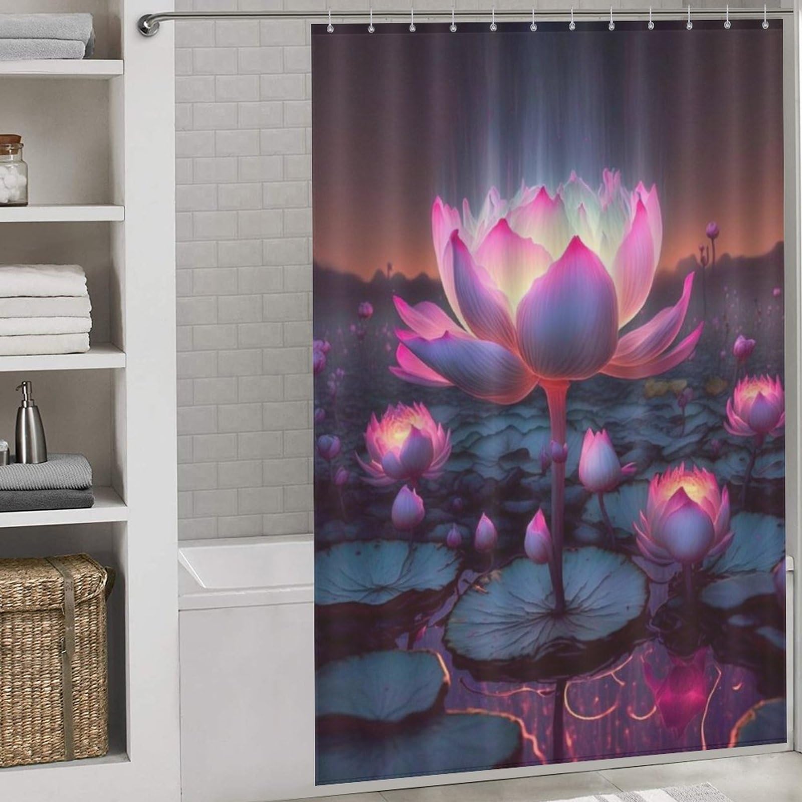 Rideau de douche imperméable Lotus en tissu textile 152x183cm avec crochets pour salle de bain