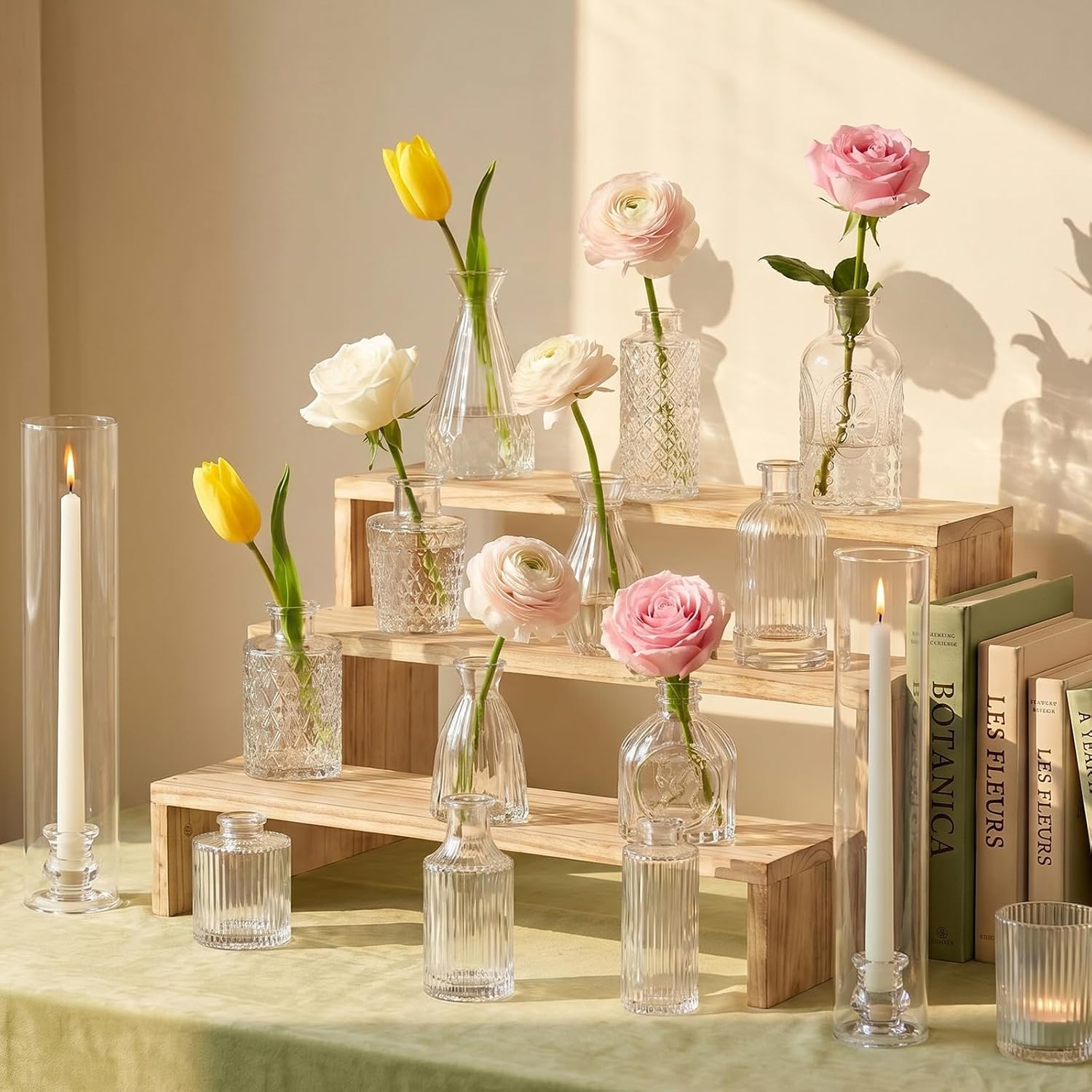 Teenyyou 12 Set Hurricane Glass Candle Holders and 12 Set Glass Bud Vases
