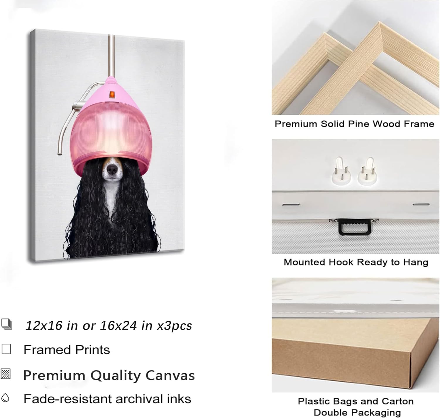 3Pcs Funny Dog Bathroom Canvas Wall Art Pet Haircuts Beauty Wall Decor Humorous Animals Posters Pictures Modern Fun Fashion Prints For Home Bedroom Dorm Restroom Paintings Framed