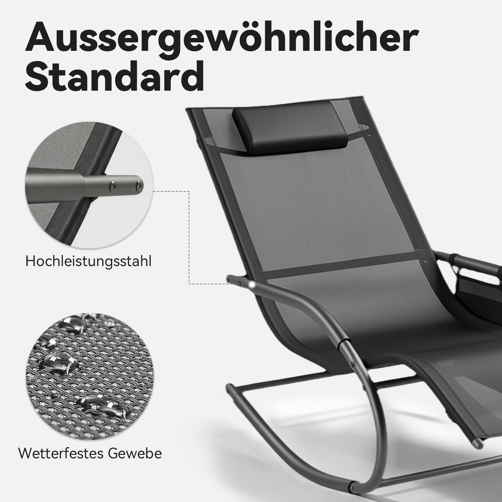 Aoxun Schaukelstuhl Schwingsessel Gartenstuh Inklusive Kopfstützen- und Seitenablagefach Schaukelliege Metall Mesh schaukelstuhl Wohnzimmer für Hof, Garten, Balkon, 148 x 63 x 84 cm, Schwarz
