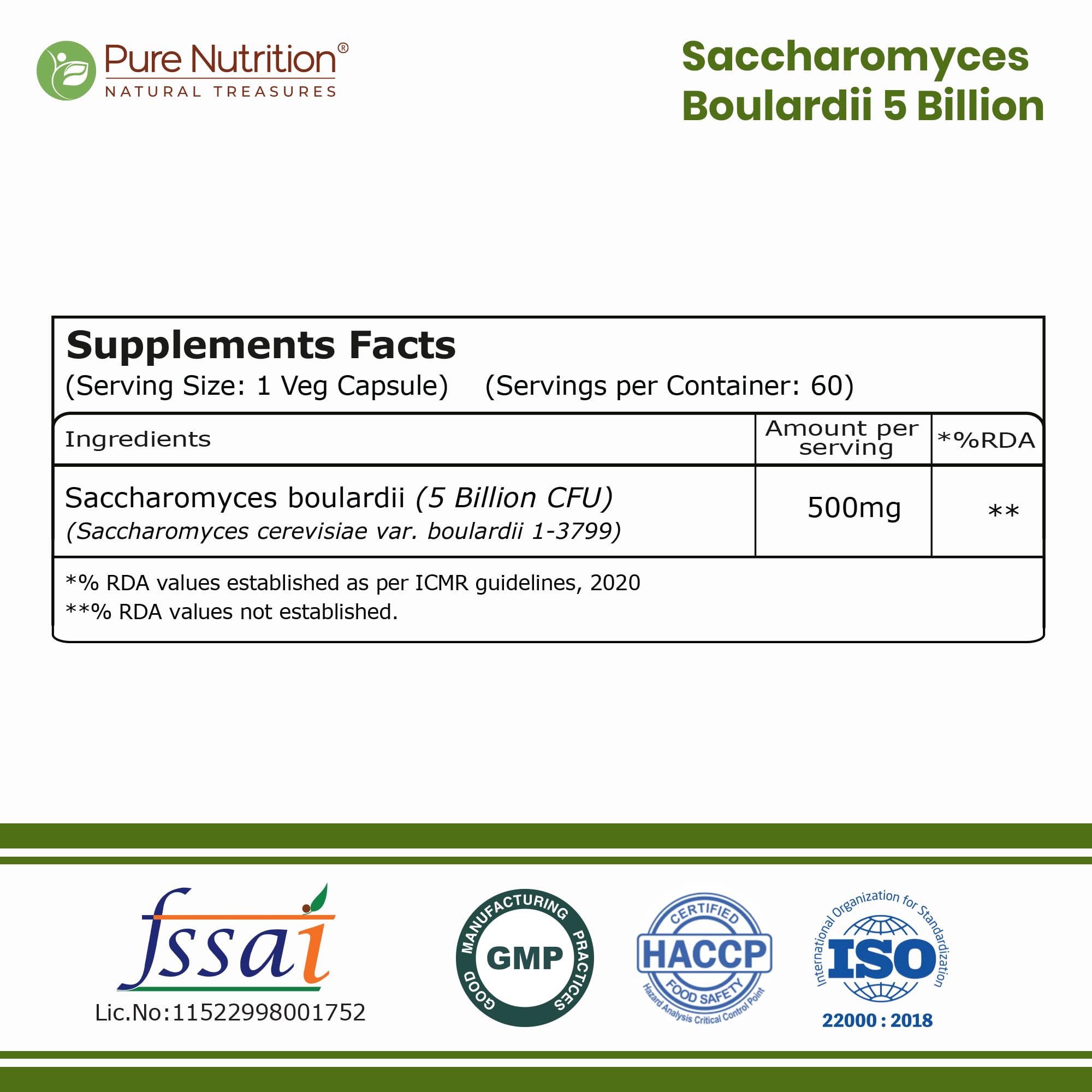Pure Nutrition Saccharomyces Boulardii 5 Billion CFU 500mg | Saccharomyces Boulardii Probiotic Supplement | Supports Gut Health, Digestive Balance, Gut Flora & Immune Health | 60 Veg Capsules — Amazon image 2