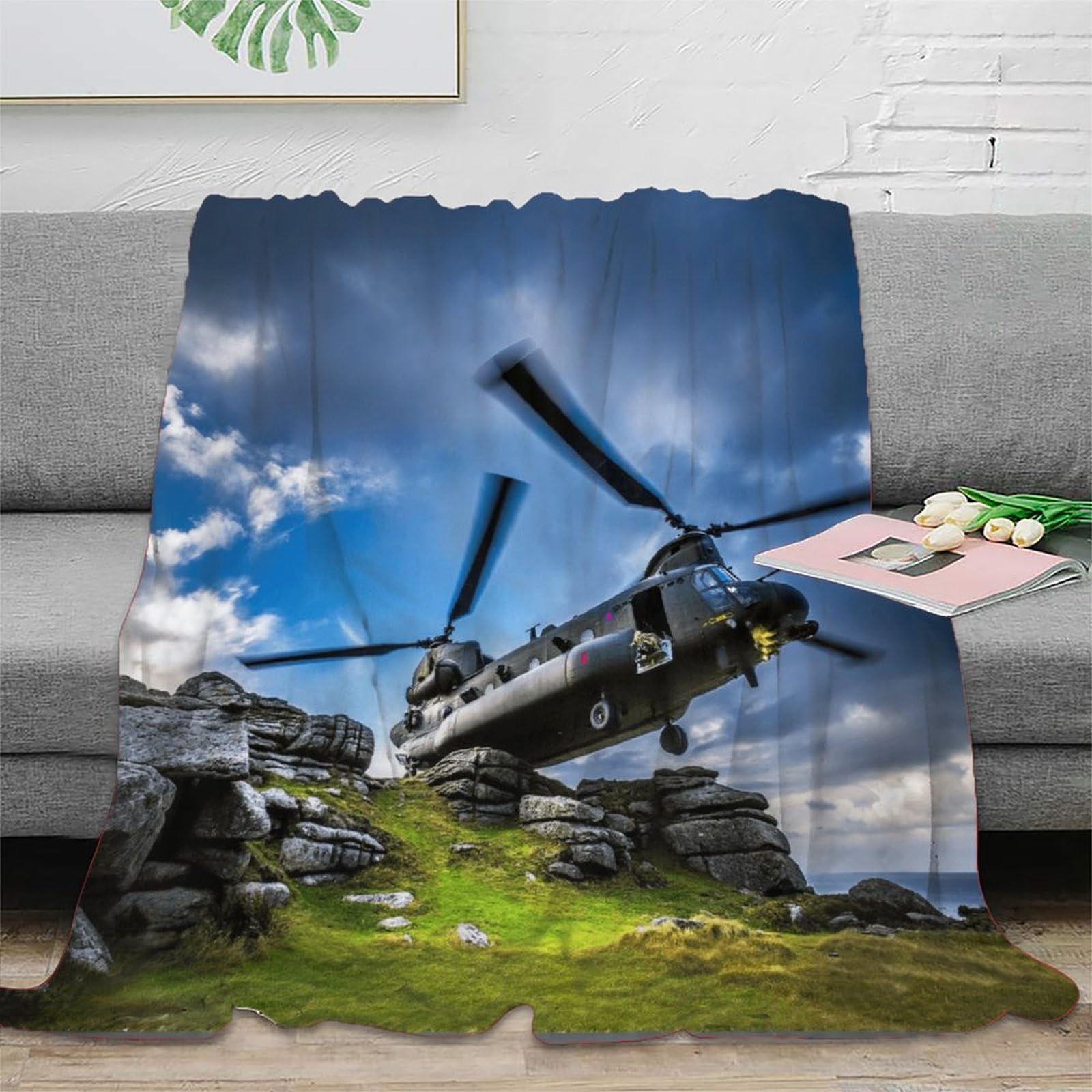 Dafufbw Chinook Fleece Blanket 50X60inch(127X152cm), Seamless Soft Cozy 3D Jacquard Flannel Blanket Military Helicopter Extra Large For Bed, Sofa, Couch, Travel & Camping