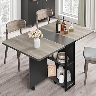 IDEALHOUSE FoldingTable, Drop Leaf Dining Table with 6 Wheels and 2-Laye...