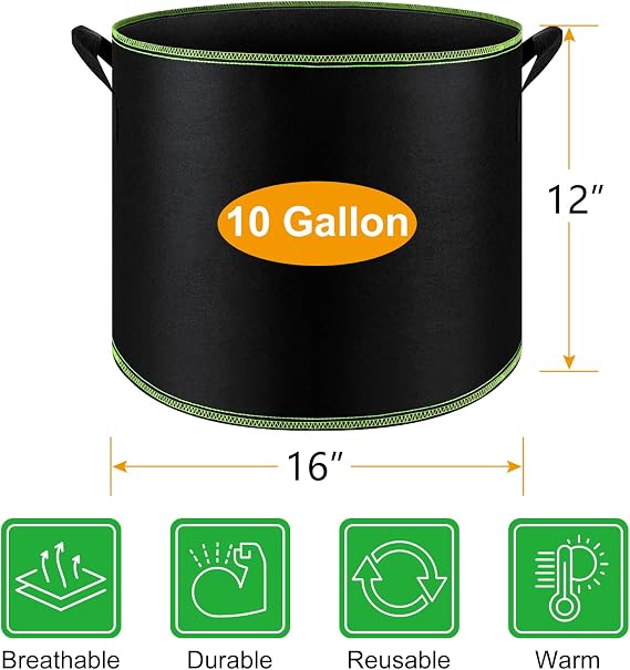 FEPITO 5 Pack 10 Gallon Grow Bags Heavy Duty Aeration Fabric Pots Plant Grow Bags with Handles Thickened Nonwoven Fabric Pots for Vegetable Fruits Flowers Plant