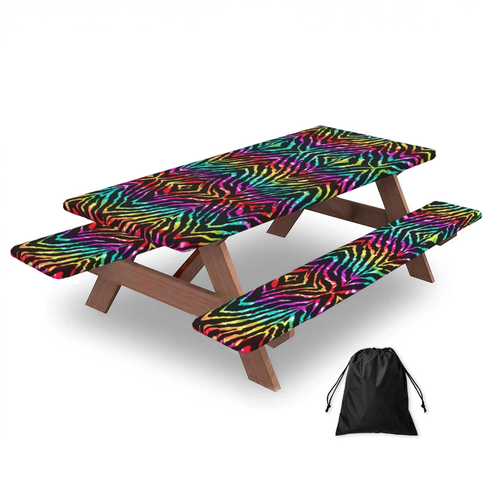 Duwaa Black Colorful Rainbow Zebra Print 183Cm Picnic Table Cover With Bench Covers, Waterproof Elastic Tablecloth Set For Outdoor