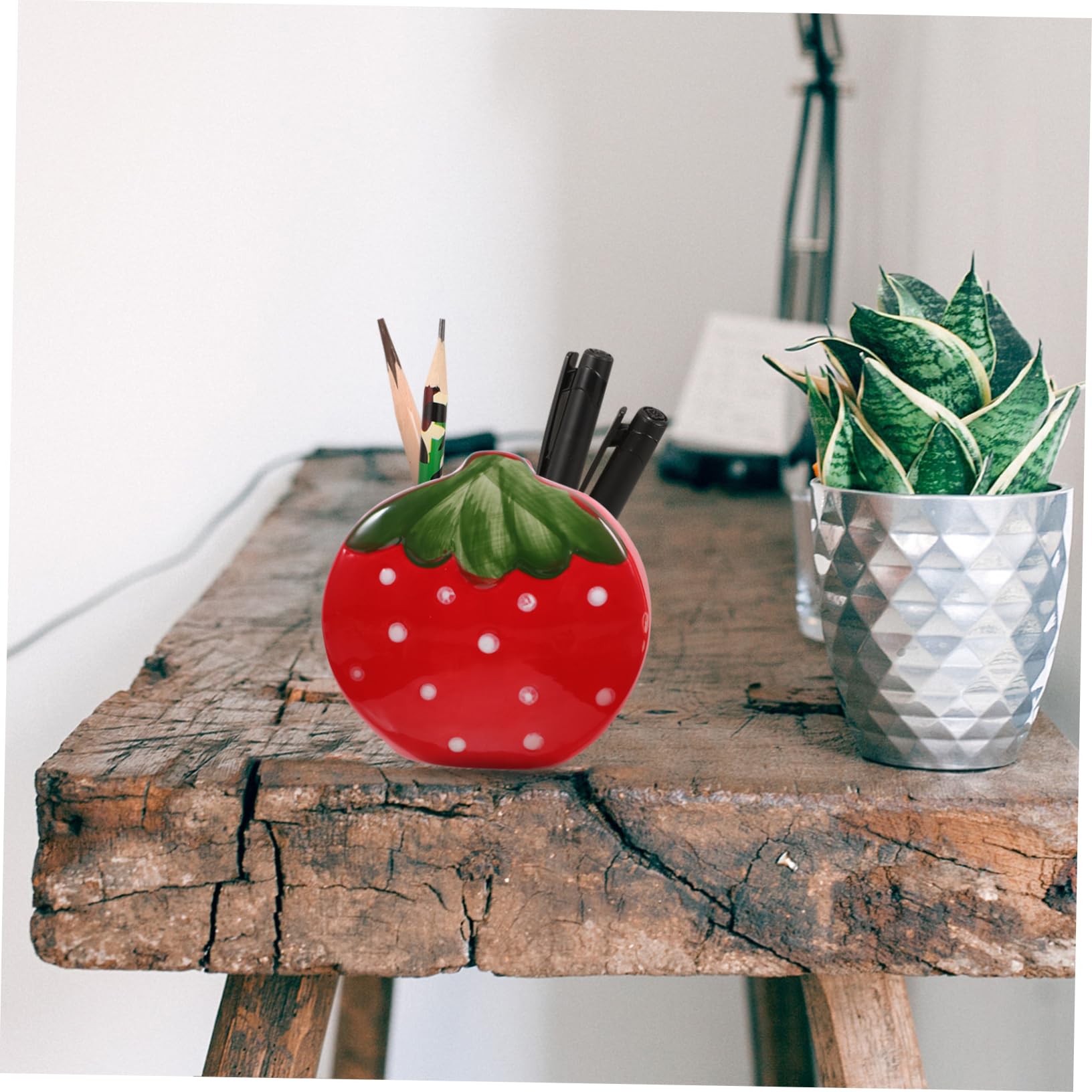 Artibetter 3 Pezzi Portapenne Alla Fragola Portaoggetti Per Penne Porta Penne Per Pennelli Da Trucco Organizer Per Matite Da Scrivania Secchiello Per Matite Rosso Ceramica