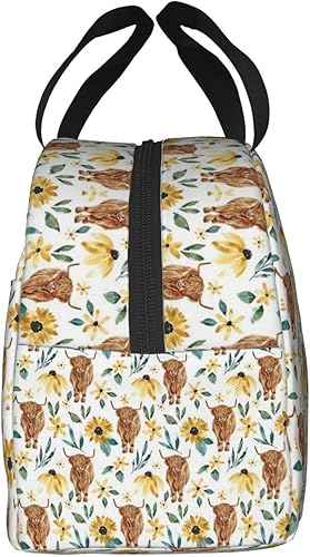 Miniatura 3 de bzaxxqi Bolsas de almuerzo de vaca y girasoles de las tierras altas para mujeres y hombres lonchera de vaca bolsa de mano reutilizable con bolsillo
