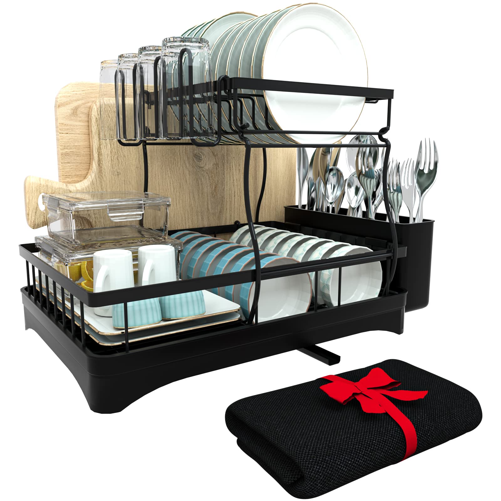 Dish Drying Rack, Large 2 Tier Stainless Steel Dish Racks with Drainage, Detachable Dish Drainer with Utensil Holder Set, Dish Drying Mat and Glass Holder, Dish Drainers for Kitchen Counter