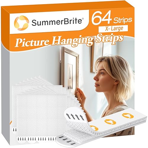 Summerbrite Picture Hanging Strips Heavy Duty, Damage Free Hanging Picture Hangers, Picture Hanging Kit, Hanging Hooks Without Nails, Large Adhesive Tape Wall Strips 32-Pairs(64 Strips)