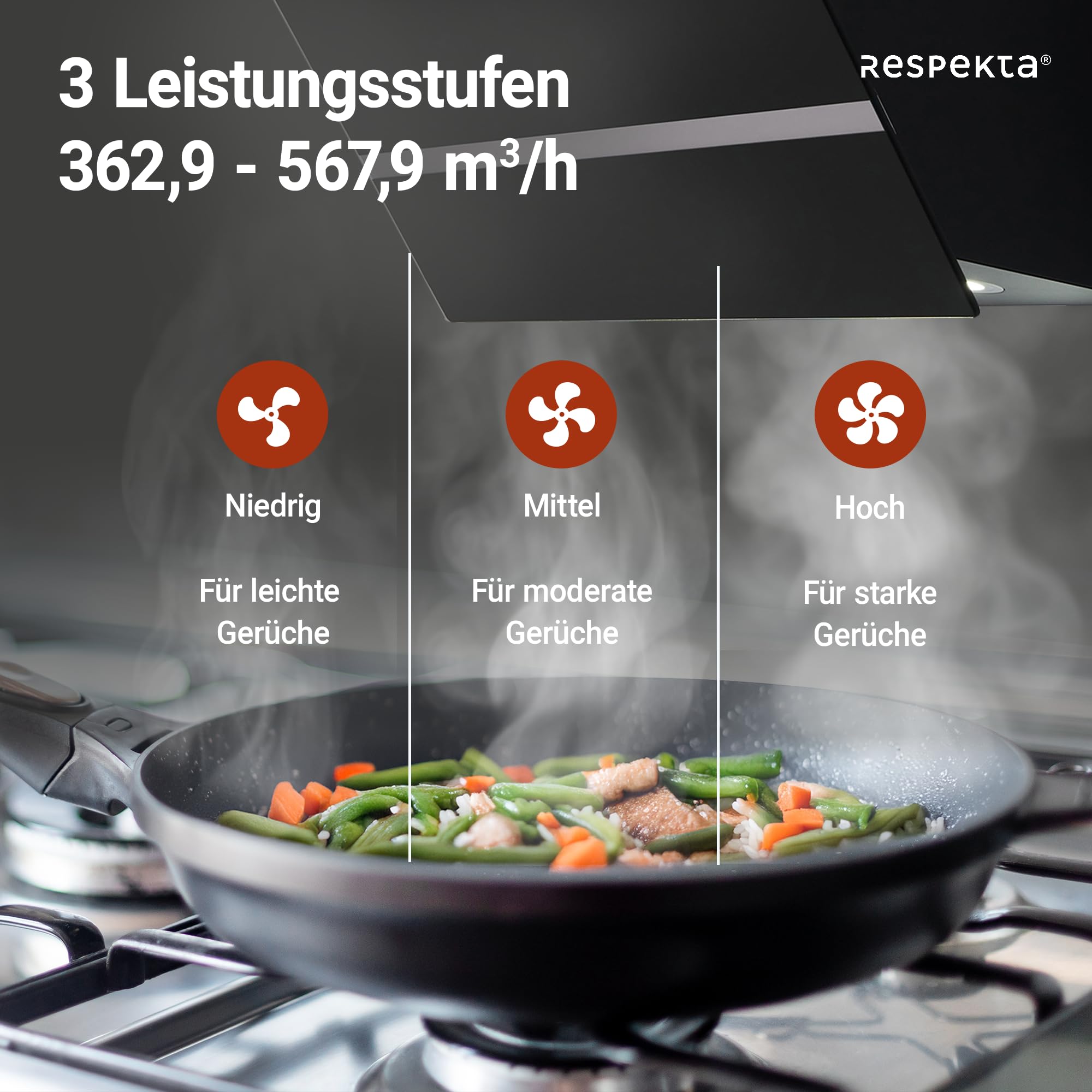 Respekta Dunstabzugshaube / Schräghaube 80 cm / Metallgehäuse mit Glasschirm in Schwarz / Abluft - und Umluftfunktion / CH24080SM / A / 65 – 70 dB