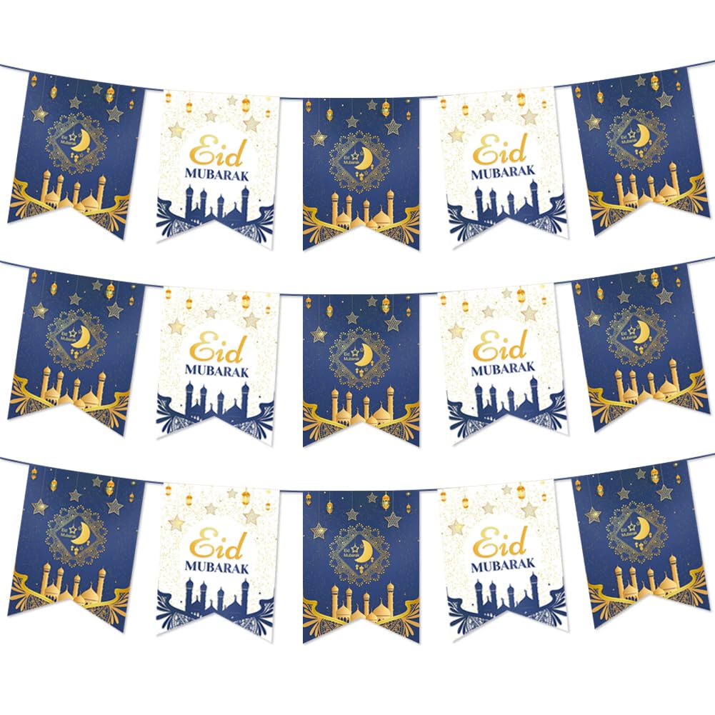 Eid Mubarak Banners, Ramadan Mubarak Party Supplies, Blue Gold White Eid al-Fitr Party Decorations