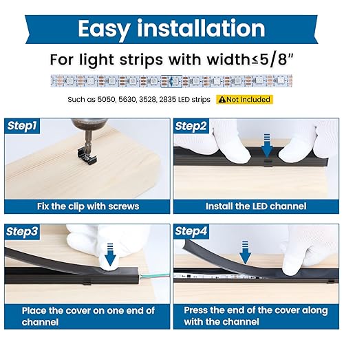 Miniatura 5 de Muzata Paquete de 10 canales LED de tamaño grande de 6.6 pies6.6 ft para tira LED impermeable de hasta 0.630 in de ancho, canal de tira LED negro,