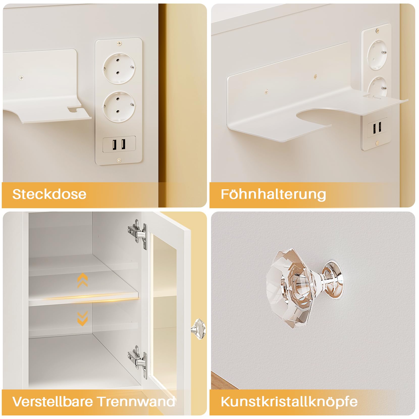 Dripex großer Schminktisch mit Beleuchtung und Steckdosen, Schminktisch mit Spiegel und 2 luxuriösen transparenten Vitrinen mit RGB, Vanity Desk Dressing Table fürs Schlafzimmer, weiß