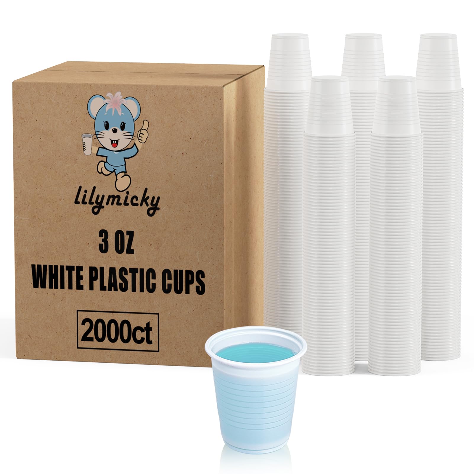 Lilymicky 2000 PACK 3 oz White Plastic Cups 3 Ounce Disposable Plastic Bathroom Cups for Tasting Drinking