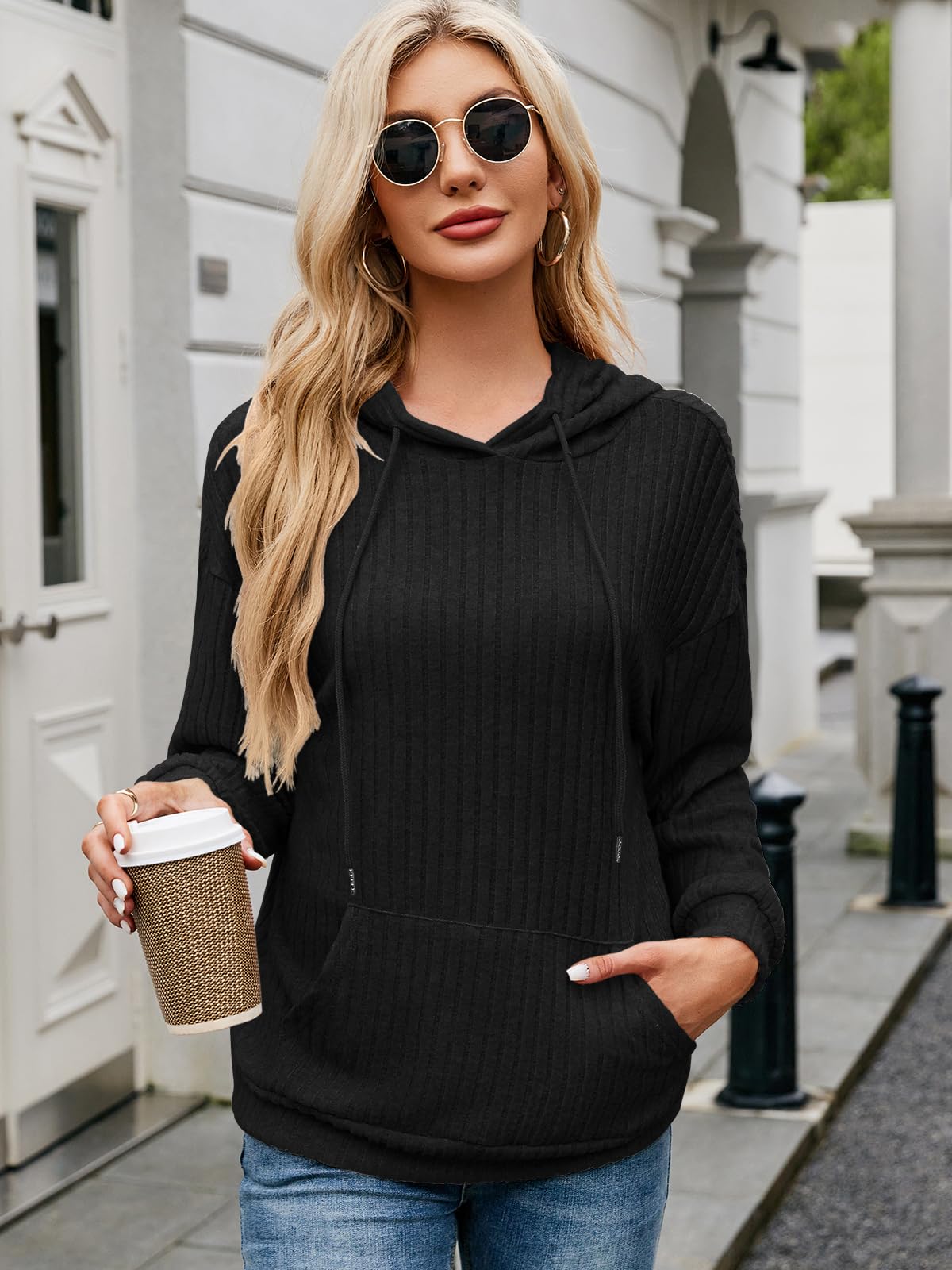 Decorie Elegancka bluza damska z kapturem, sweter zimowy z długim rękawem