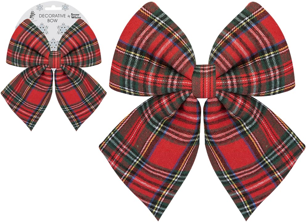 PMS Tartan Bow 20cm x 24cm – Large Red and Green Plaid Fabric Bow – Traditional Christmas Decoration for Trees, Wreaths, Garlands, and Festive Displays
