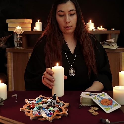 Miniatura 4 de Vesici Bandeja de cristal de loto para piedras, cristales y piedras curativas, bandeja de almacenamiento de cristal de madera con forma de loto,