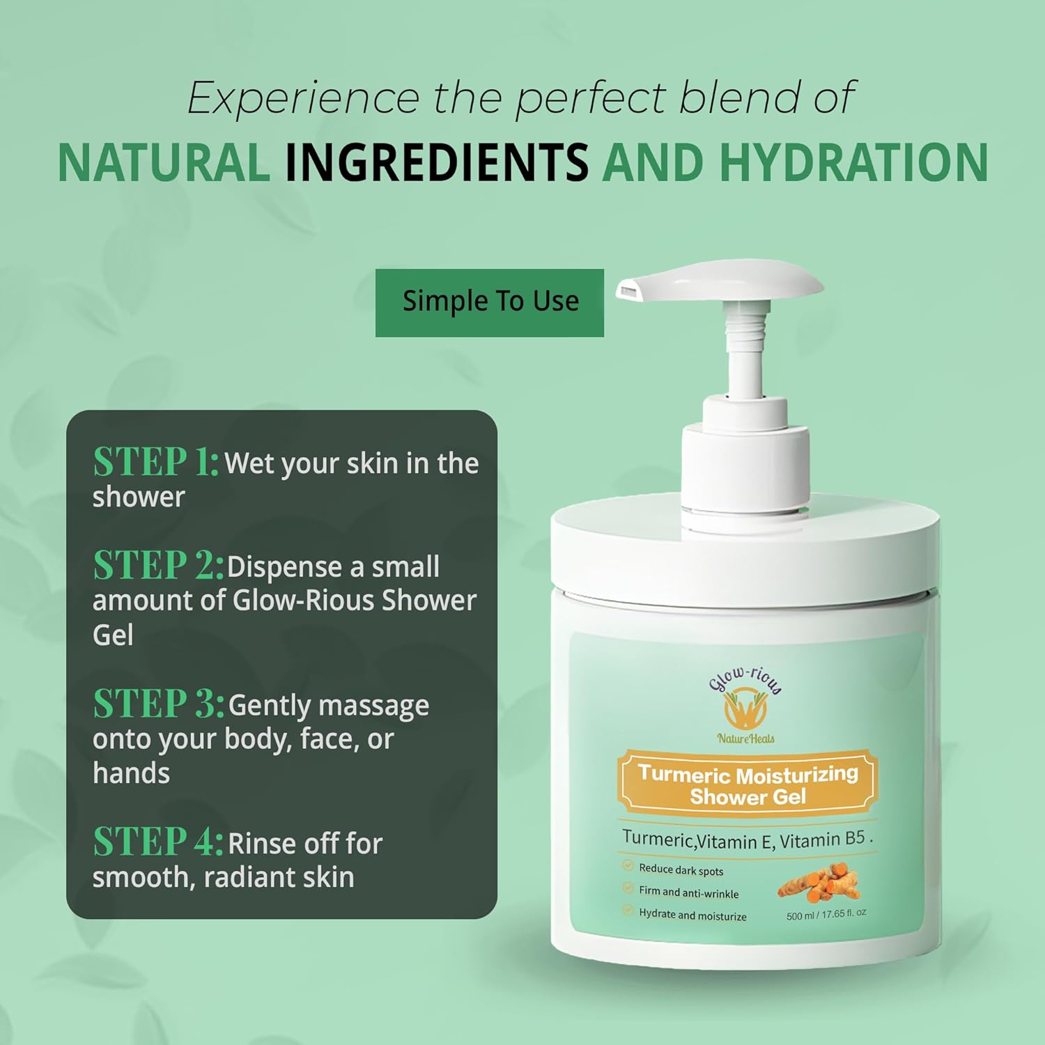 glow-rious Turmeric Body Wash with Vitamin E & B5 - Moisturizing Shower Gel for Smooth Skin - Daily Gentle Cleanser for Face, Hands & Body - 500ml - Image 4