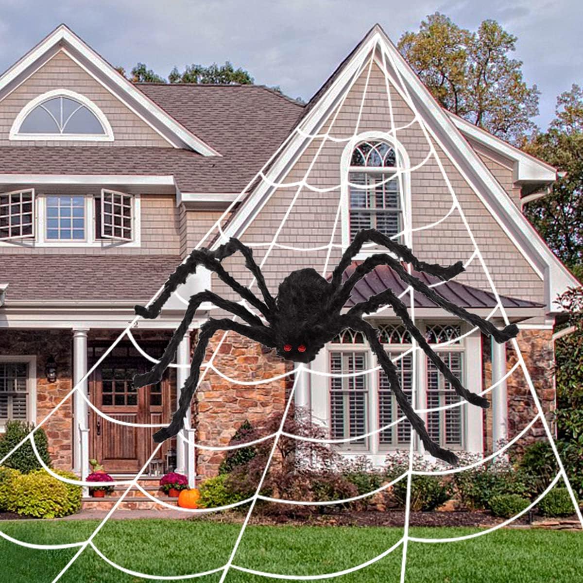 Anditoy 200" Triangular Large Spider Web + 50" Giant Halloween Spider Fake Scary Hairy Spiders Props for Outdoor Halloween Decorations Yard Halloween Decor