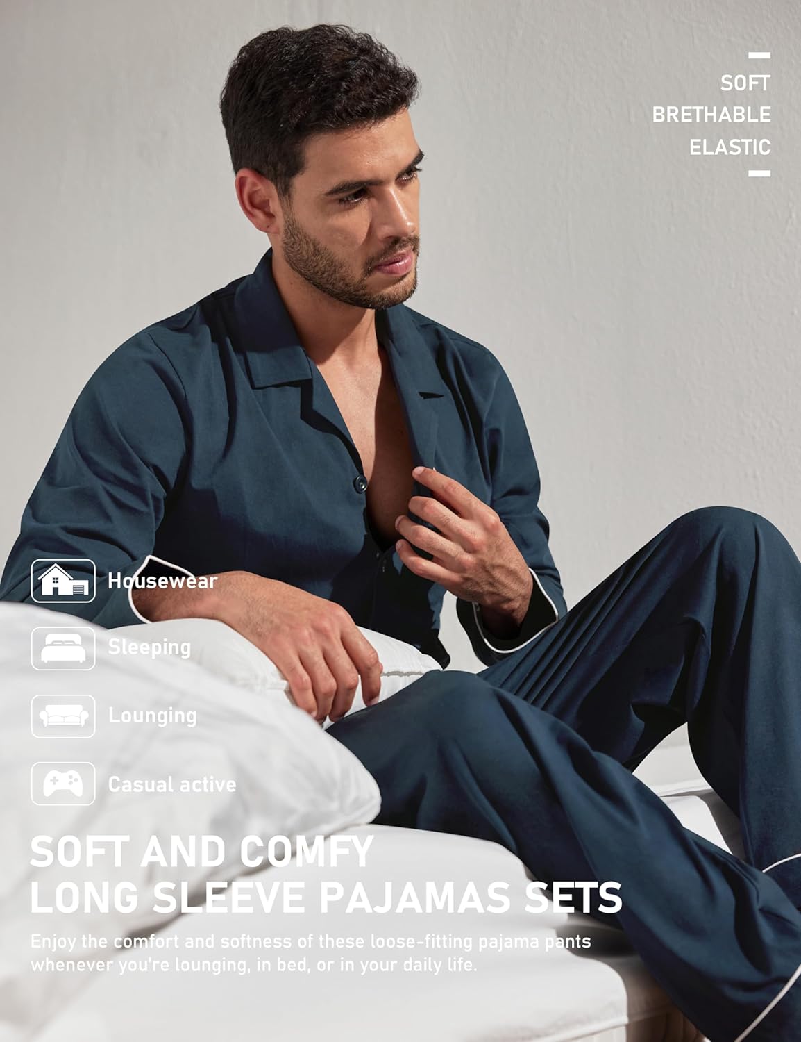 Mens Pajamas Set Soft Cotton Notched Collared Pjs for Men Long Sleeve Men's Sleepwear Loungewear Pyjama Homme - Image 7