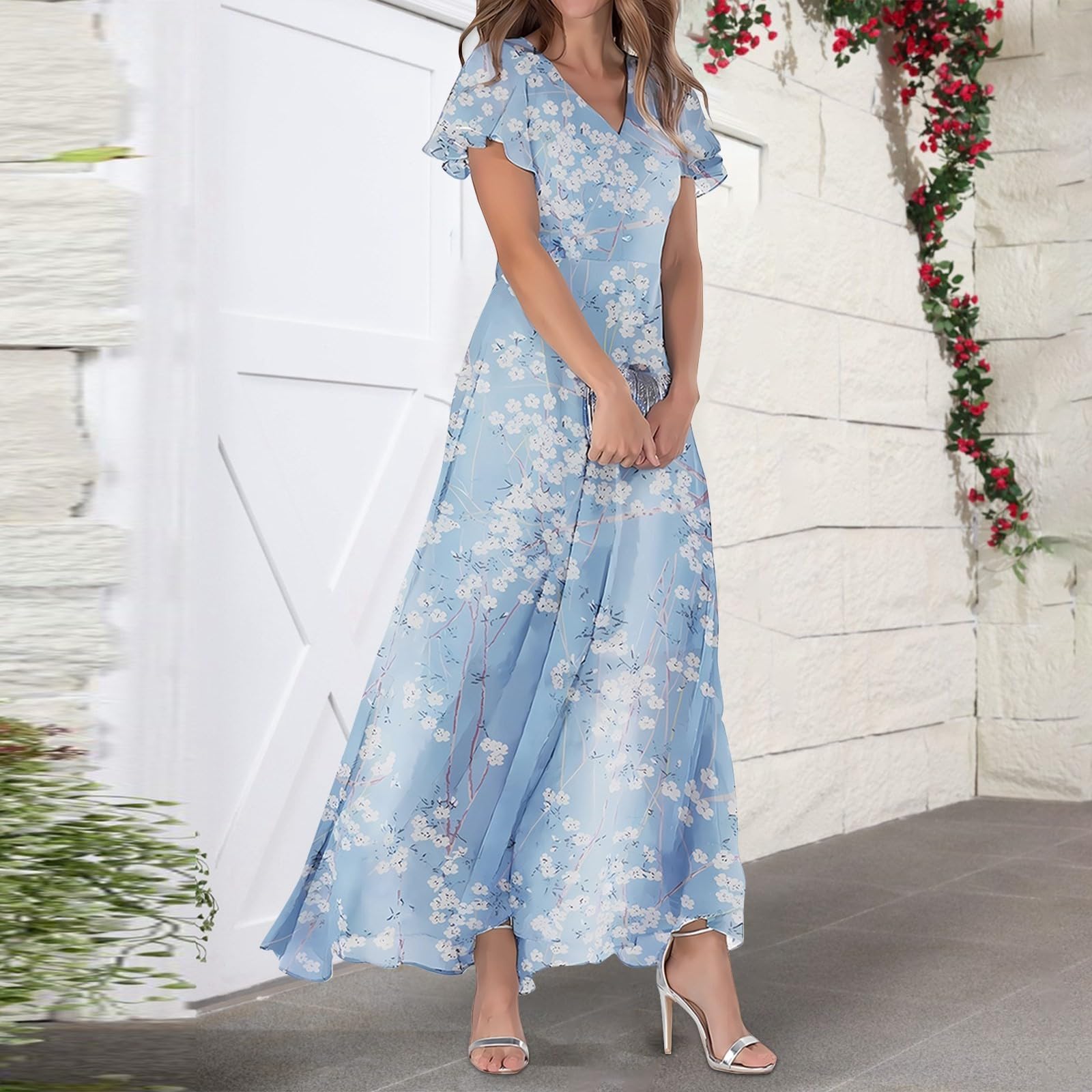 Générique Robe Longue Femme Cocktail Casual Soirée Fluide Élégante Chic Manches Courtes Col V Imprimé Floral Été Habillée Cérémonie Nouveauté Classique A70