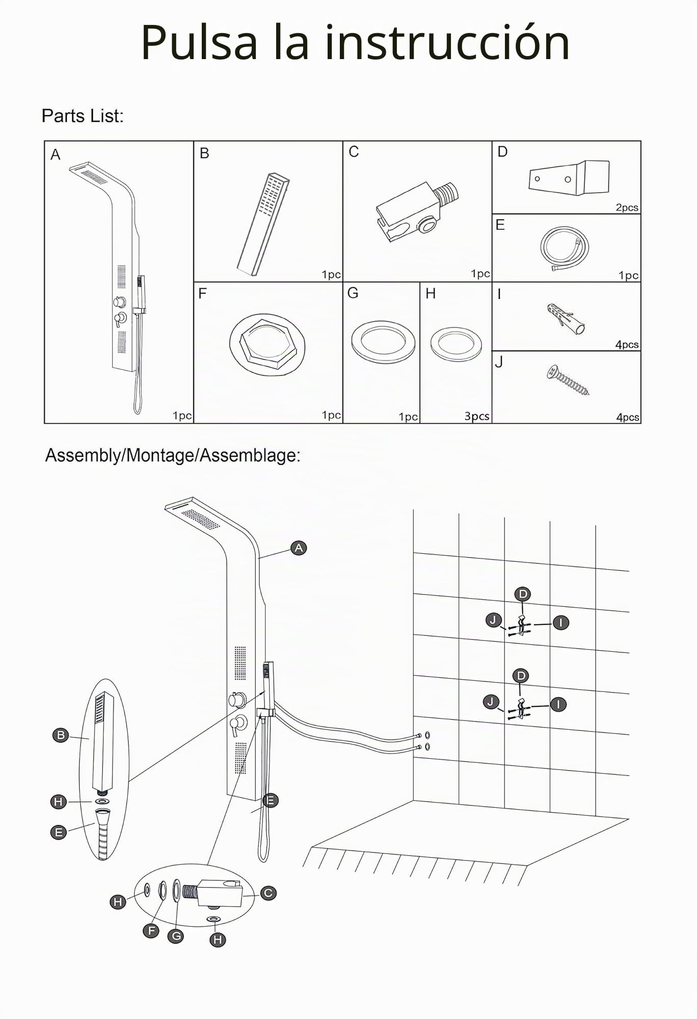 Columna de ducha de hidromasaje con panel de acero inoxidable 304, mezclador de 5 funciones, ducha spa para baño, altura: 140 cm – Proceso de pulido (acero inoxidable)