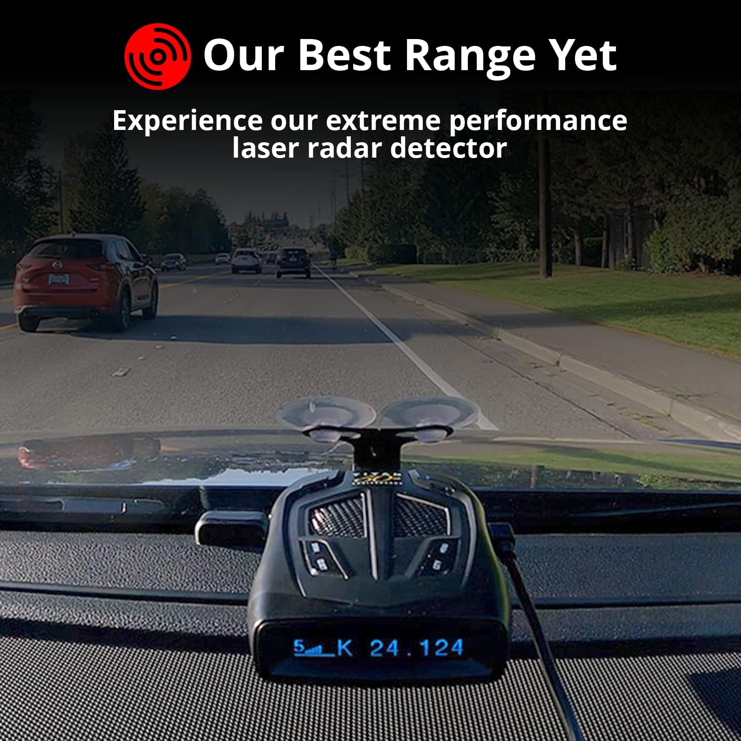 Whistler Titan mounted in a car, showing detection range