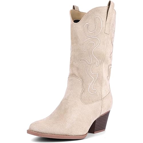 Bandkos Cowboy Boots for Women Cowgirl Mid Calf Western Embroidered Boot Low Chunky Block Heel Fashion Boots