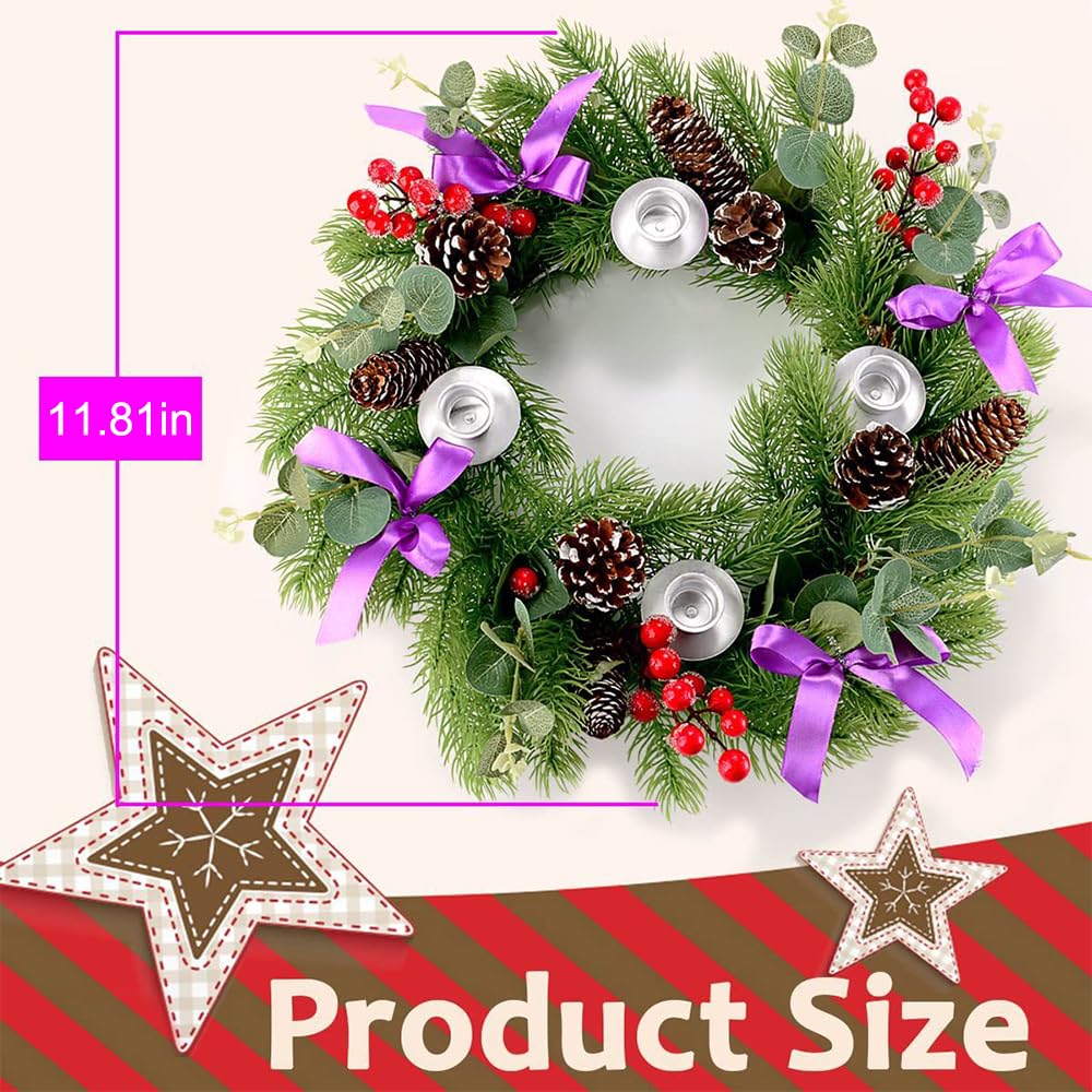 Couronne de l'Avent de Noël de 30,5 cm - Bougeoir de l'Avent artificiel avec ruban - Pommes de pin - Pour l'Avent, la pièce maîtresse, les vacances, Noël, la décoration de la maison - Pas de bougies
