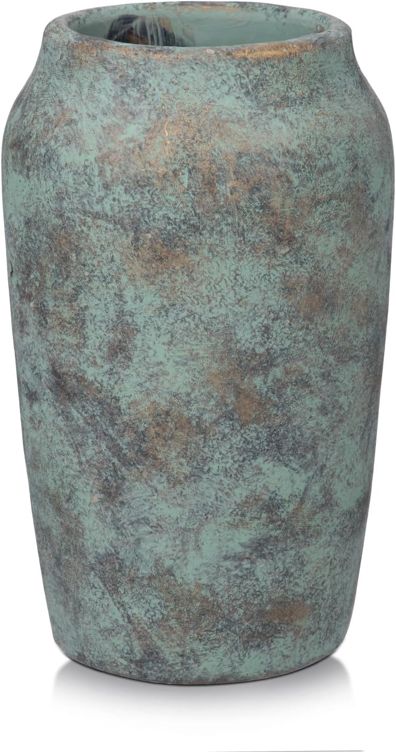 briful 9.06'' large ceramic rustic vase shabby vintage textured vase, 4.33'' wide mouth pampas vases for fake flowers branches, farmhouse home décor, weddings shelf table decor,patina 9.06'' patina