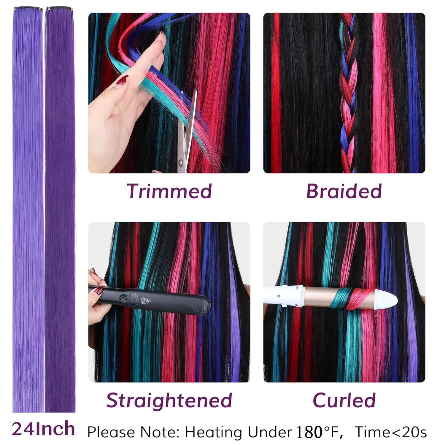 IDN BEAUTY Colored Clip in Hair Extension, 12PCS Light Purple Deep Purple 24Inch Multicolored Synthetic Hair Pieces for Women Kids Girls, Hair Accessories for Party Cosplay Travel Birthday Halloween image 4
