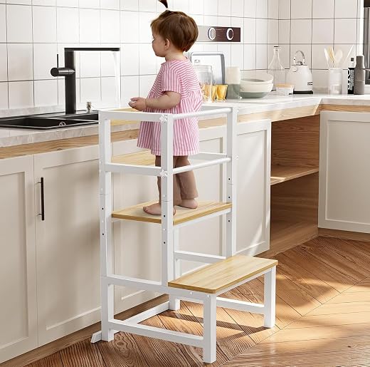 OGFC 69111 Kitchen Safety Step Stool for Toddlers, Height Adjustable Toddler Tower with Safety Rail, Steel and Wood Toddle...