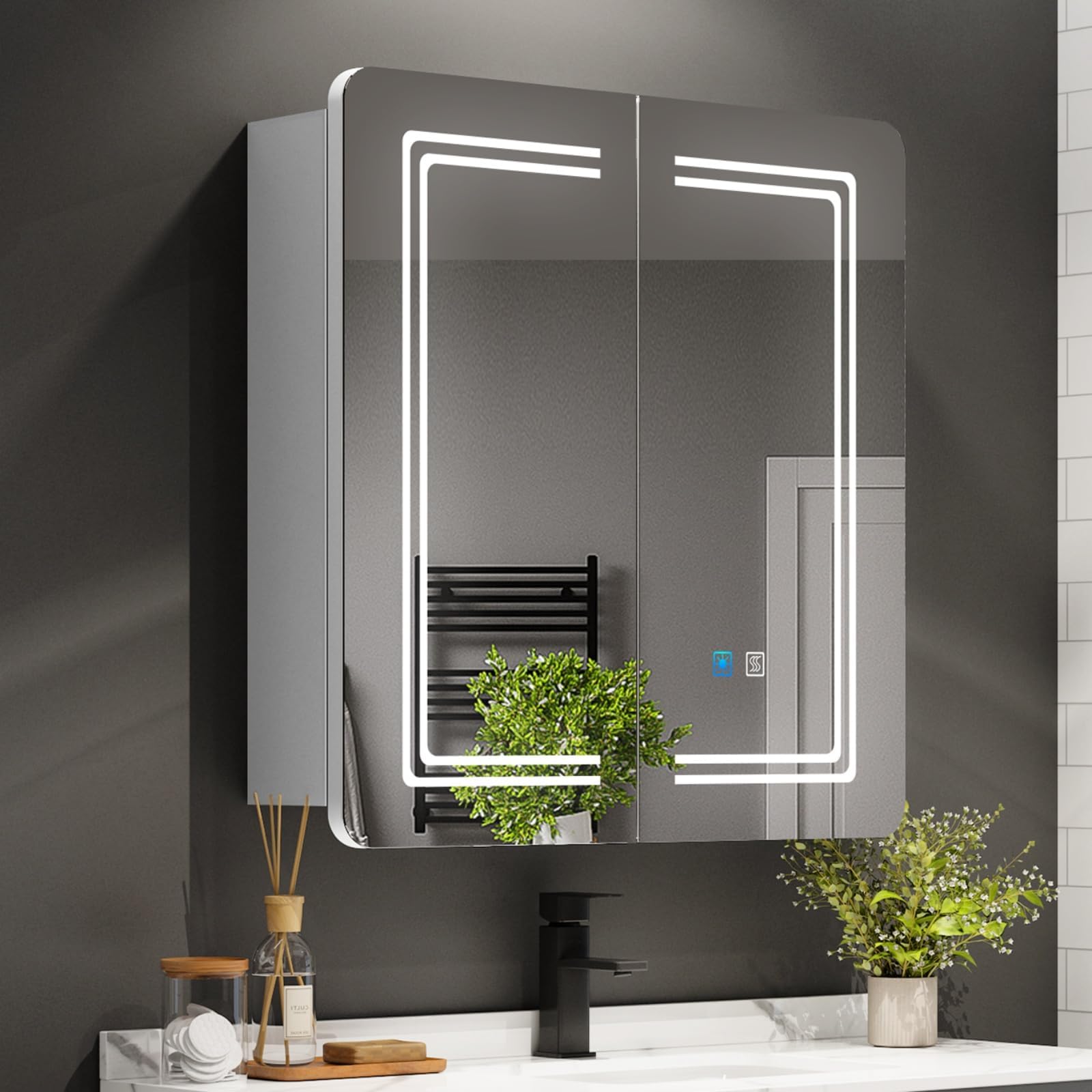 Bathroom Mirror Cabinets with Lights 63x65cm, 2-Doors Wall Mounted Bathroom Cabinet with Shaver Socket, 3 Colour Lighting, Anti Fog, LED Dimmer, Touch Switch, Glass Shelves, IP44